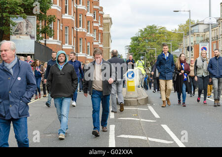 Chelsea football supporters on their way to the match. Stock Photo