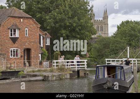 UK Newbury Barge Passing Through Open Swing Bridge Stock Photo