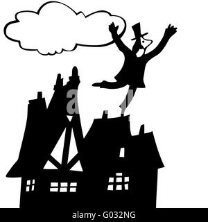 vector illustration of the chimney sweep on roof Stock Photo