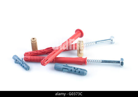 Collection of screws and dowels  isolated on white background Stock Photo