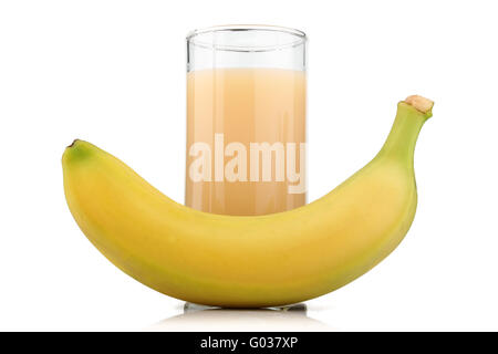 Full glass of banana juice and fruits isolated Stock Photo