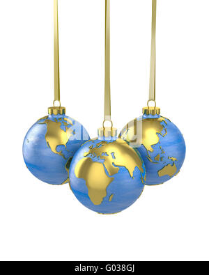 Three christmas balls shaped as globe or planet Stock Photo