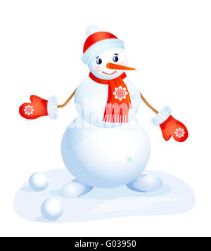 cut  smiling snowman  in the red cup and mittens Stock Photo