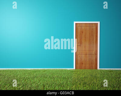 Room with wooden door and a grass covered floor Stock Photo