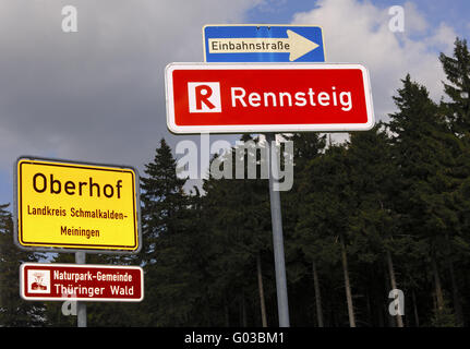 Directional sign to the Rennsteig trial, Oberhof Stock Photo