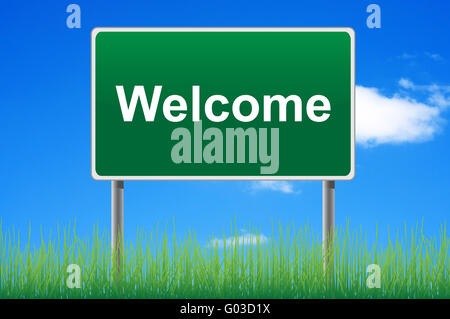 Welcome, concept road sign on sky background. Stock Photo