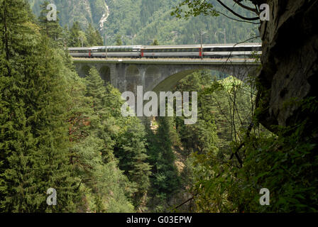 Gotthard railway trafersing a viaduct, Switzerland Stock Photo