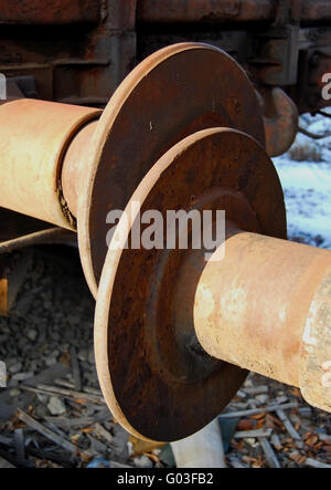 Abandoned rusty steel railway wagon buffers close- Stock Photo