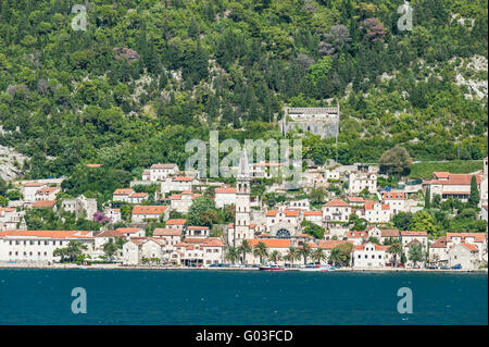 Kotor Bay in Montenegro, Crna Gora. The town Kotor as seen from across the bay. Stock Photo