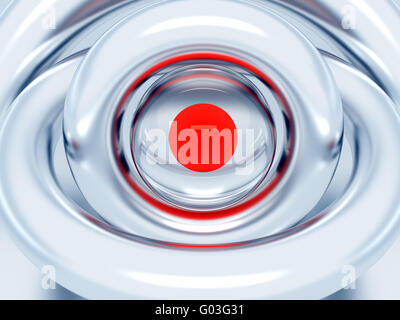 Red sphere in an environment of metal blue rings Stock Photo