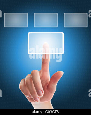 female hand pushing a button on a touch screen interface Stock Photo