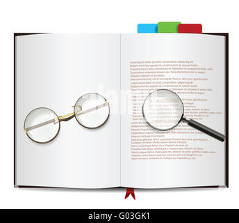 Book Isolated on white with glasses and magnifying glass Stock Photo