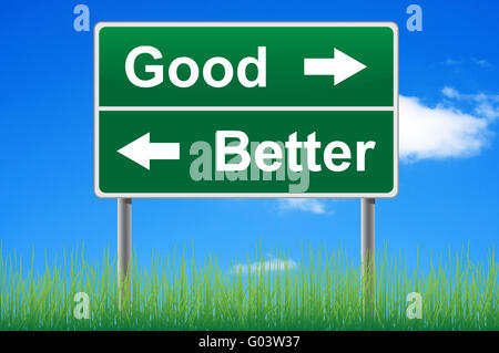 Good and better road sign on sky background, grass underneath. Stock Photo