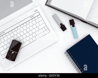 different office objects and equipment on a white Stock Photo