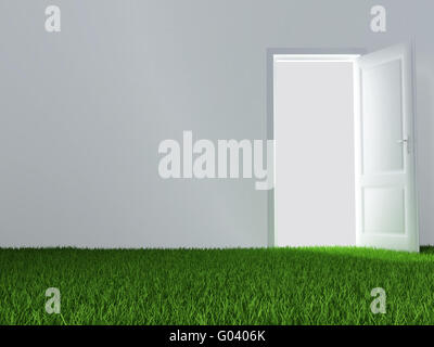 white wall, unclosed door and juicy green lawn Stock Photo