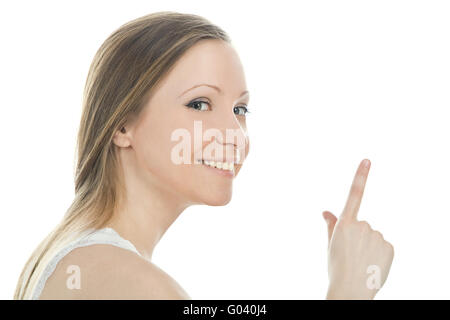 Bright picture of attractive woman pointing her finger Stock Photo