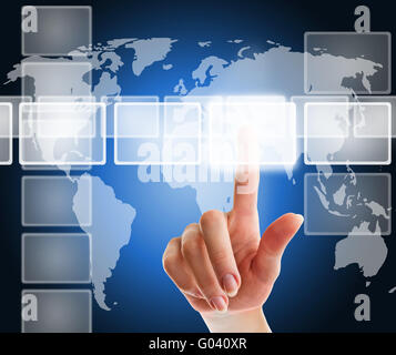 female hand pushing a button on a touch screen interface Stock Photo