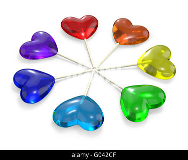 Seven heart shaped lollipops colored as rainbow Stock Photo
