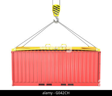 Freight container hoisted on container spreader Stock Photo