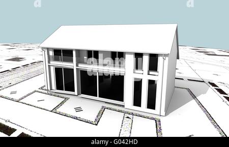 3d illustration - House on architectural drawings Stock Photo