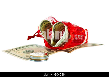 Red straw paper-bag with money in form heart Stock Photo