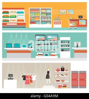 Supermarket, electronics store and clothing shop banner set, retail and commerce concept Stock Vector