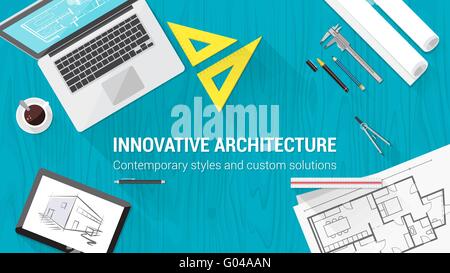 Architect desktop with tools including laptop, tablet and building plan Stock Vector