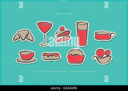 set of hand drawn style breakfast stickers over blue paper background. vector morning food and drink labels design. cafe and res Stock Vector