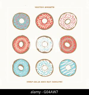 set of colorful donuts over paper background. vector glazed doughnut icons. cartoon style breakfast cake design. cafe decorative Stock Vector