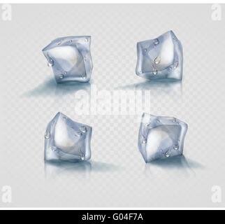 Set of four transparent ice cubes in light blue colors with drops Stock Vector