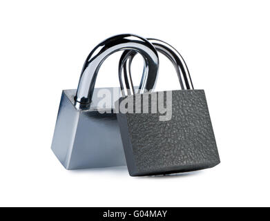 Two padlocks closed on white background. Safety concept. Stock Photo