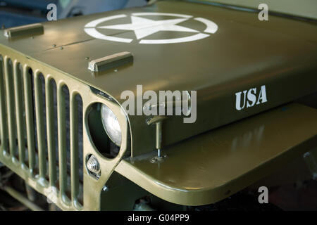 TECHNICAL MUSEUM, CHERNOGOLOVKA, RUSSIA - MARCH 15, 2015: Closeup of famous American Legendary World War II Car. Willys JP allro Stock Photo