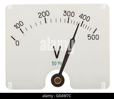 Arrow of voltmeter indicating an 380 volts, isolated on white background Stock Photo