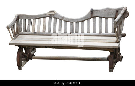 The garden bench is made of details of the old horse wooden cart. Isolated on white. Stock Photo