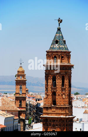 San Sebastian church tower with San Agustin church tower to the rear, Antequera, Malaga Province, Andalucia, Spain, Europe. Stock Photo