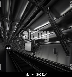 empty subway station with the lights of the arrivi Stock Photo