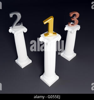 Three corinthian columns supporting golden, silver and bronze numbers. Stock Photo