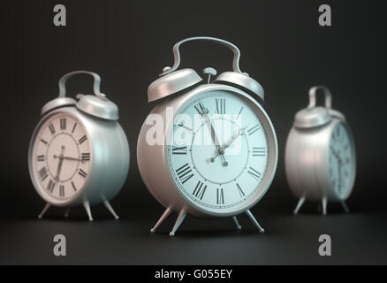 Three alarm clocks - Time passing concept illustration Stock Photo