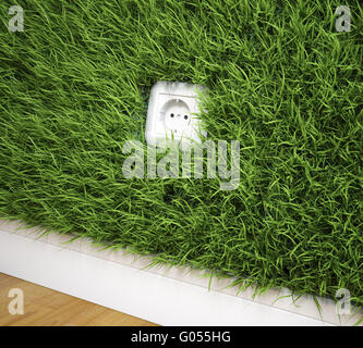 An electrical socket on a grass covered wall Stock Photo