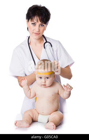 beautiful doctor and baby on a white background. Stock Photo