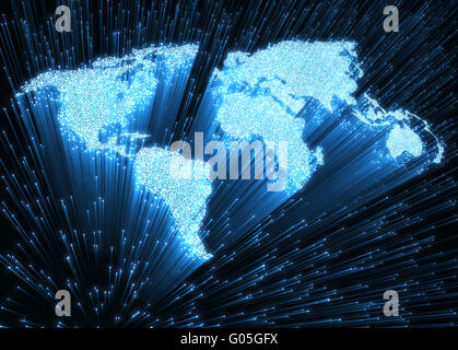 Optical fibers lit in the shape of the world map. 3D image concept of global communication by optical fiber. Stock Photo