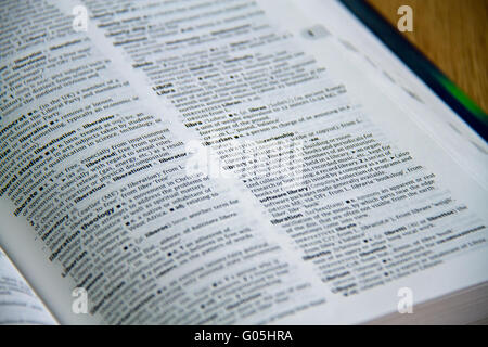 English Dictionary open at the definition of the words Librarian and Library Stock Photo