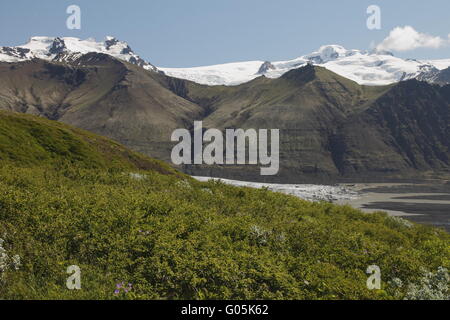 Hvannadalshnúkur and Svínafellsjökull. Hvannadalshnúkur (2110m) is the highest peak in Iceland. The peak overlooks Skaftafel Stock Photo