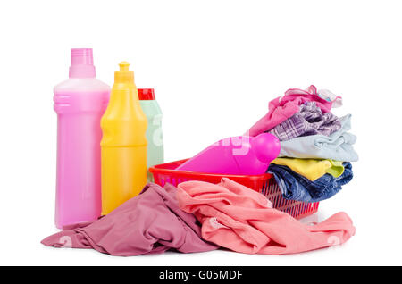 Heap of pure clothes with different detergent Stock Photo