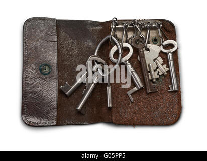 Old Keys in Old Key Wallet isolated Stock Photo