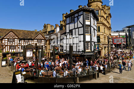 The Old Wellington Inn and Sinclairs Oyster Bar, popularly known as 'The Shambles' in Exchange Square Manchester, England Stock Photo