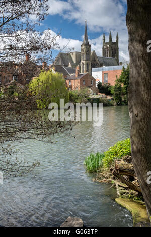 View along the river to All Saints Parish Church, Royal Leamington Spa, Warwickshire, England Stock Photo