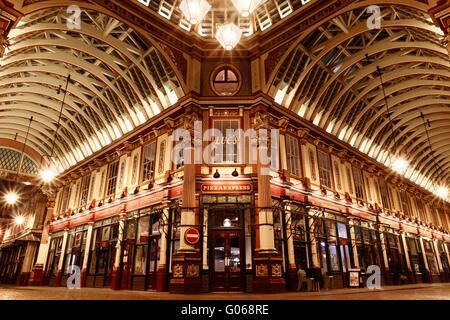 London, UK - April 26, 2017 - The central interior of Leadenhall Market at night on Gracechurch Street, one of the oldest market Stock Photo