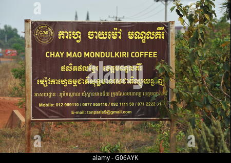 Bilingual 'Mondulkiri Coffee' sign, Senmonorom, Mondulkiri, Cambodia. credit: Kraig Lieb Stock Photo