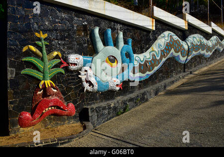 Diego Rivera designed tiled mosaic mural (Ehecatl-Calle) of a feathered serpent in front of the Dolores Olmedo home, old section of Acapulco, Mexico. Stock Photo